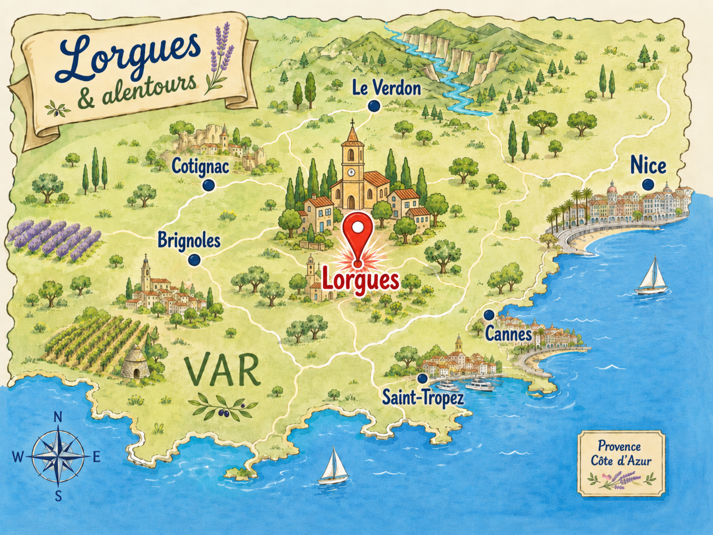 Bản đồ cho thấy Lorgues nằm giữa Saint-Tropez và Verdon